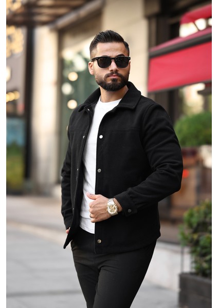 Erkek Çıtçıtlı Siyah Kaşe Ceket