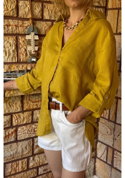 Kadın %100 Keten Olive Relaxed Kalıp Gömlek fiyatları