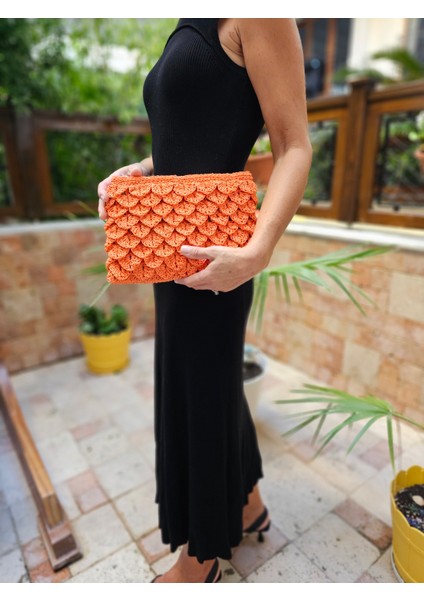 Turuncu Renk El Örgüsü Clutch Çanta