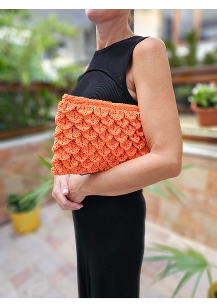 Turuncu Renk El Örgüsü Clutch Çanta