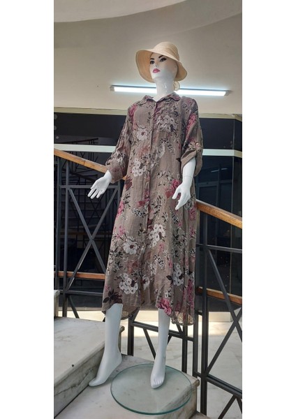 Italyan Gömlek Yaka Uzun Kol Dijital Baskılı Keten Elbise