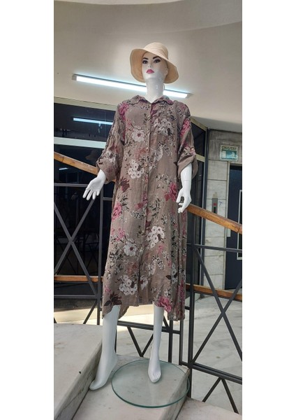 Italyan Gömlek Yaka Uzun Kol Dijital Baskılı Keten Elbise modelleri