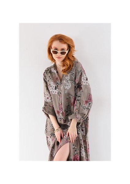 Italyan Gömlek Yaka Uzun Kol Dijital Baskılı Keten Elbise fırsatları