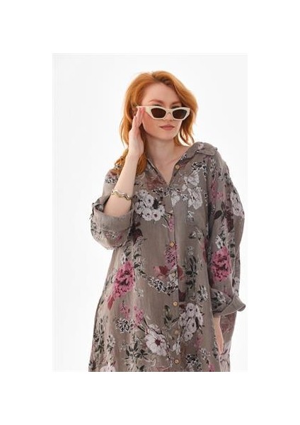 Italyan Gömlek Yaka Uzun Kol Dijital Baskılı Keten Elbise indirimleri