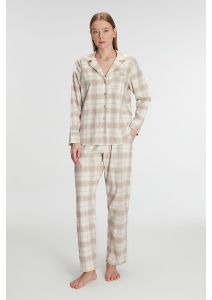Kadın Pamuklu Uzun Kol Gömlek Pantolon Pijama Takımı 11212