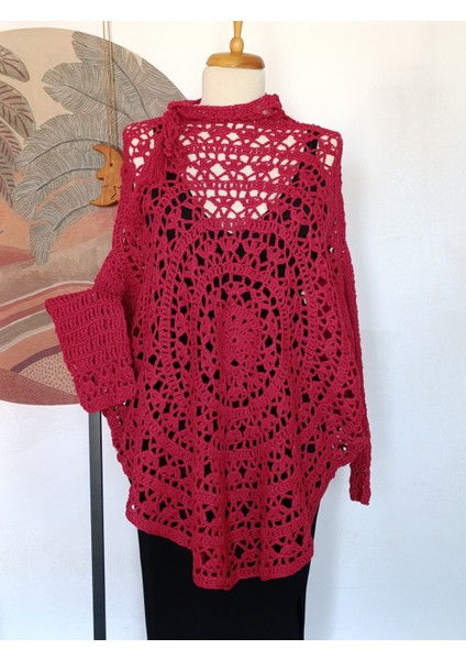 Hippybutik Kırmızı Salaş Tığ Dokuma Elişi Tasarım Tesettür Giyime Uygun Dantel Tunik/bluz