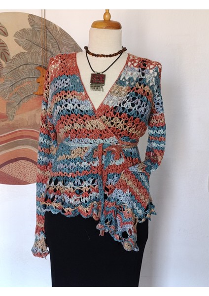 Hippybutik Kadın Kruvaze Ajurlu Mavi / Turuncu Renkli Elişi Hırka / Kruvaze Bluz