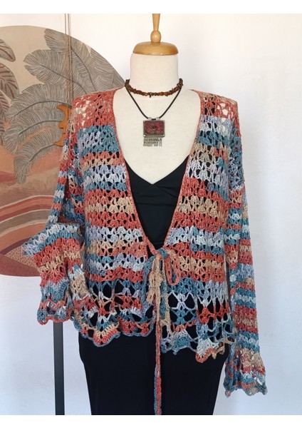 Hippybutik Kadın Kruvaze Ajurlu Mavi / Turuncu Renkli Elişi Hırka / Kruvaze Bluz