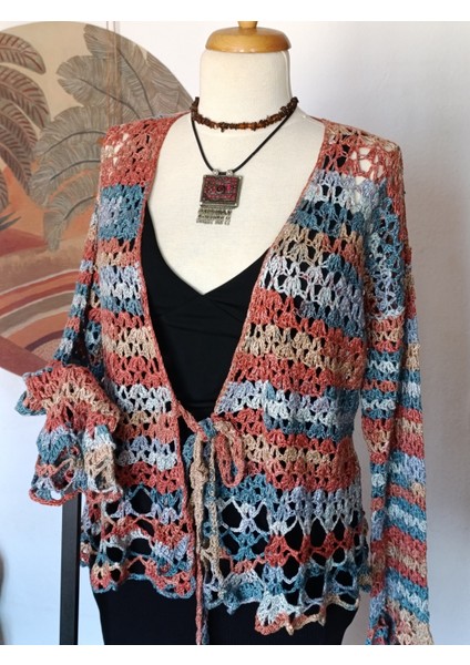 Hippybutik Kadın Kruvaze Ajurlu Mavi / Turuncu Renkli Elişi Hırka / Kruvaze Bluz