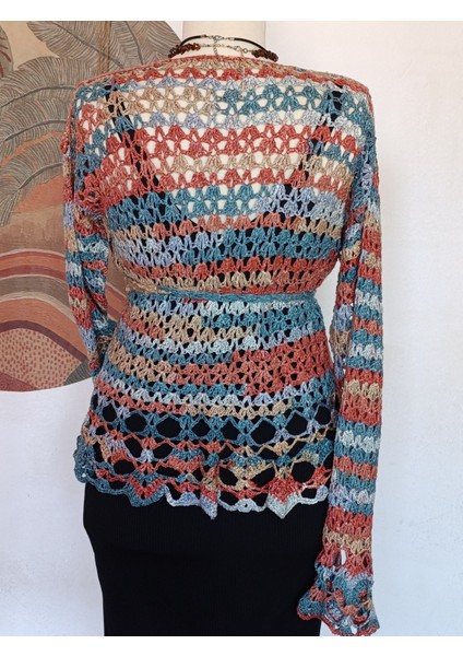 Hippybutik Kadın Kruvaze Ajurlu Mavi / Turuncu Renkli Elişi Hırka / Kruvaze Bluz