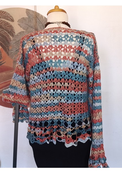 Hippybutik Kadın Kruvaze Ajurlu Mavi / Turuncu Renkli Elişi Hırka / Kruvaze Bluz