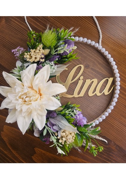 Bebek Çocuk Özel Gün Çiçekli Pleksi Tek Isimlikli Incili Tasarım Kasnak Kapı ve Duvar Süsü modelleri