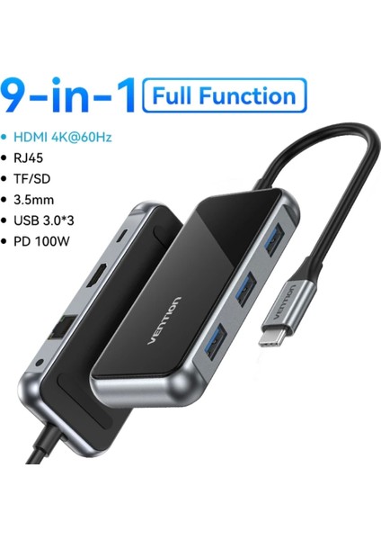 9'un 1'i Type-C Hub Çoklayıcı CE/FC/ROHS Lisanslı 4K Hdm/Usb C Pd/Tf Kart/Sd Kart/Ssb A/Usb C/PD100W/3.5mm/RJ45/EN Son Nesil Teknoloji Çoklayıcı Dönüştürücü Orjinal Safir Metal ve Şık