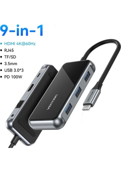 9'un 1'i Type-C Hub Çoklayıcı CE/FC/ROHS Lisanslı 4K Hdm/Usb C Pd/Tf Kart/Sd Kart/Ssb A/Usb C/PD100W/3.5mm/RJ45/EN Son Nesil Teknoloji Çoklayıcı Dönüştürücü Orjinal Safir Metal ve Şık