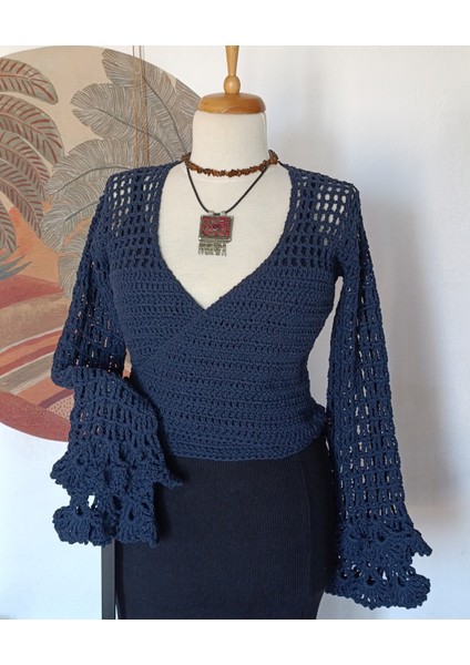 Hippybutik Soluk/koyu Lacivert Kruvaze Fırfır Kol Detaylı Tığ Dokuma El Yapımı Tasarım Hırka/bluz