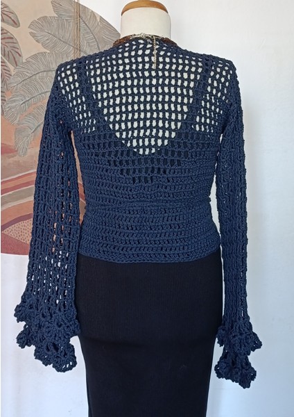 Hippybutik Soluk/koyu Lacivert Kruvaze Fırfır Kol Detaylı Tığ Dokuma El Yapımı Tasarım Hırka/bluz