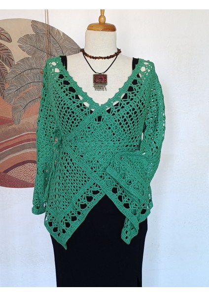 Hippybutik Yeşil Kruvaze El Yapımı Anvelop Tığ Dokuma Dantel Tasarım Hırka/bluz