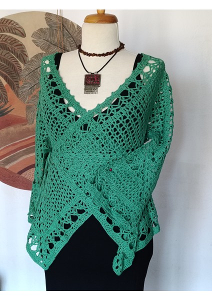 Hippybutik Yeşil Kruvaze El Yapımı Anvelop Tığ Dokuma Dantel Tasarım Hırka/bluz