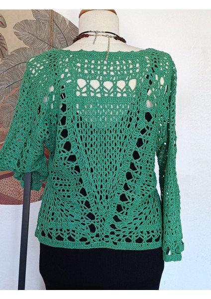 Hippybutik Yeşil Kruvaze El Yapımı Anvelop Tığ Dokuma Dantel Tasarım Hırka/bluz