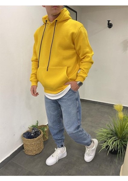 Basic Kapüşonlu Hardal Sweatshirt