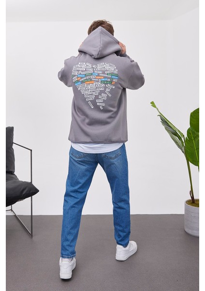 Yazılı Kalp Desenli Gri Kapüşonlu Sweatshirt fiyatları