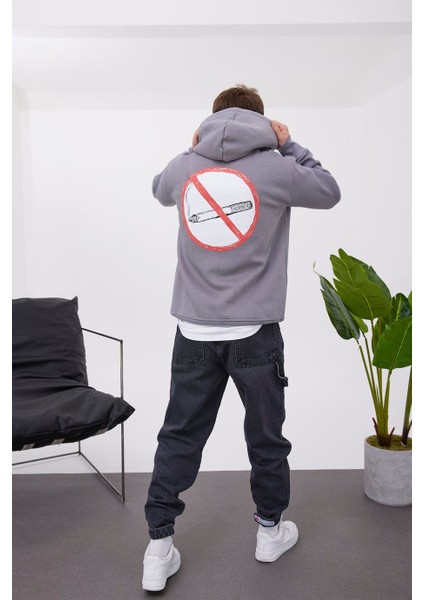 No Smoking Kapüşonlu Gri Sweatshirt