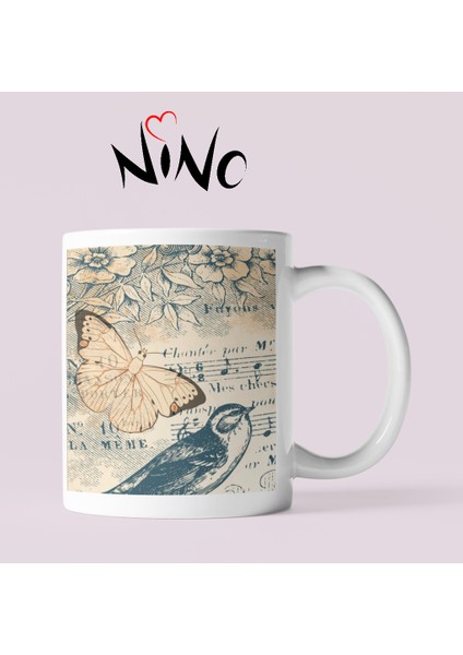 London Retro Müzik Büyük Saat Kuş Temalı Hediyelik Baskılı Kupa Bardak