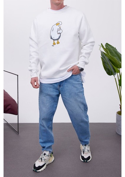 Ördek Baskılı Beyaz Sweatshirt