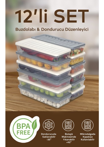 12'li Renkli Buzdolabı Düzenleyici Buzluk ve Mikrodalga Saklama Kabı 12X1170 ml