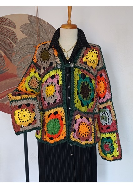 Tarçın Kahve Patchwork El Örgüsü Tasarım Hırka