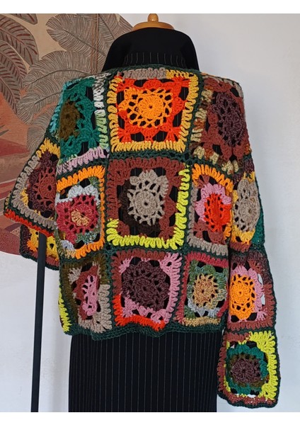 Tarçın Kahve Patchwork El Örgüsü Tasarım Hırka