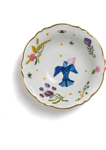 Bitossi Home Fabula Bird Floral Porselen Salata Kasesi 26 cm Mavi