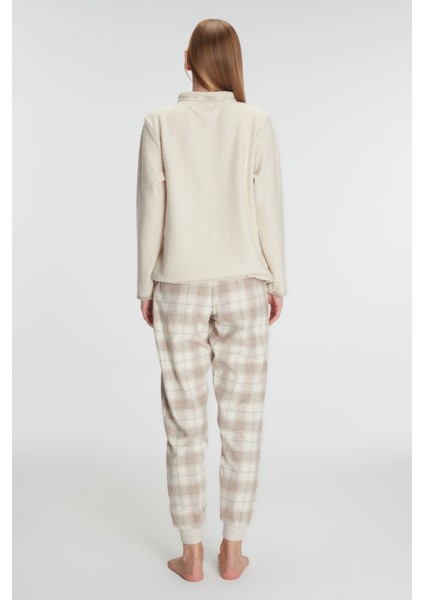 1210 Kadın Fermuarlı Uzun Kol Sweatshirt Pantolon Takım Viskon ve Pamuklu Pijama Takımı