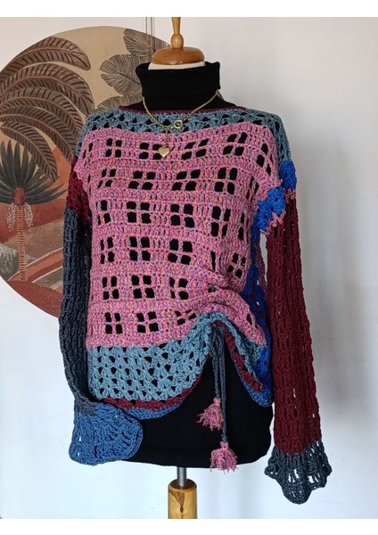 Bordo Mavi Pembe Çok Renkli El Örgüsü Kazak