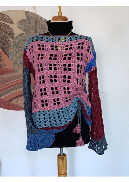 Bordo Mavi Pembe Çok Renkli El Örgüsü Kazak modelleri