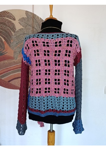 Bordo Mavi Pembe Çok Renkli El Örgüsü Kazak fırsatları