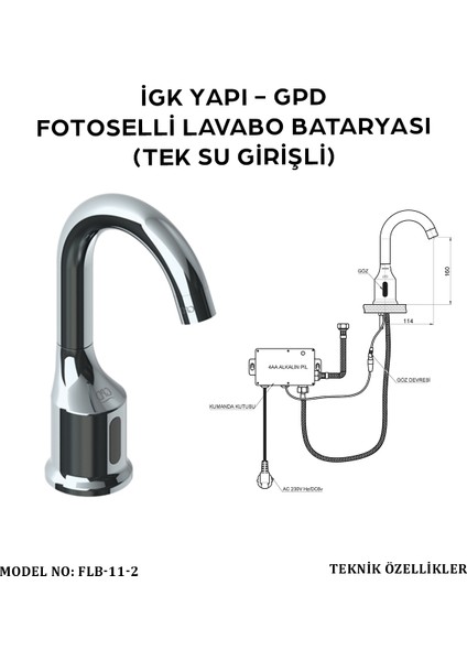 Igk Yapı - Gpd FLB11-2 Fotoselli Lavabo Bataryası (Tek Su Girişli)