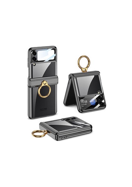 Samsung Galaxy Z Flip 4 Kılıf Kıpta Yüzüklü Lens Korumalı Kapak