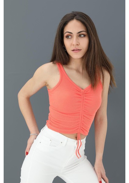 Atlet Önü Büzgülü Crop - Oranj