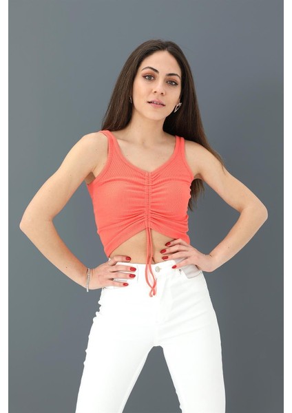 Atlet Önü Büzgülü Crop - Oranj