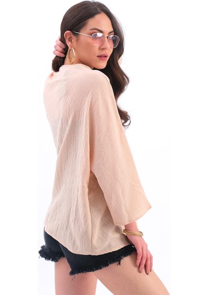 Keten Pul Payet Süzene Nakışlı Kimono - Yavruağzı fiyatları