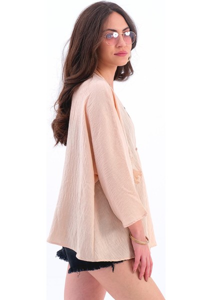 Keten Pul Payet Süzene Nakışlı Kimono - Yavruağzı modelleri