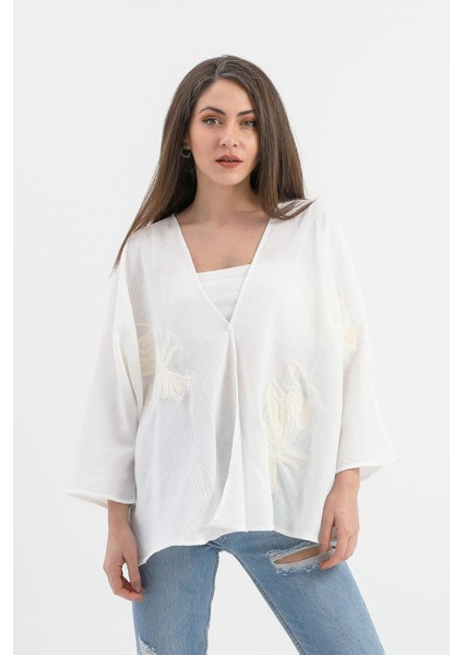 Keten Pul Payet Süzene Nakışlı Kimono - Ekru modelleri