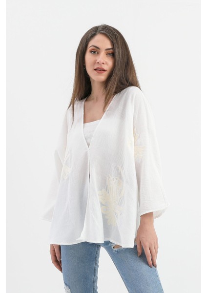 Keten Pul Payet Süzene Nakışlı Kimono - Ekru fırsatları