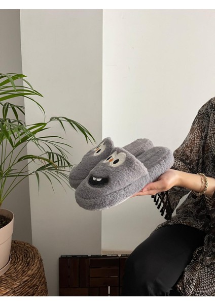 Erkek , Kadın Ev Terliği Gülen Komik Yüz Sessiz Tabanlı Peluş Pofuduk Ev Terliği Çeyiz Bohça Terliği modelleri