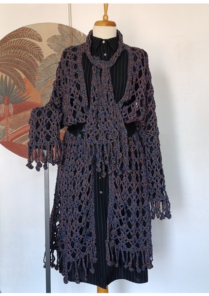 Hippybutik Ceviz Yeşili Petrol Mavisi Turuncu Karma Akıllı Ip Fular Detaylı El Yapımı Büyük Beden Ceket/hırka fırsatları