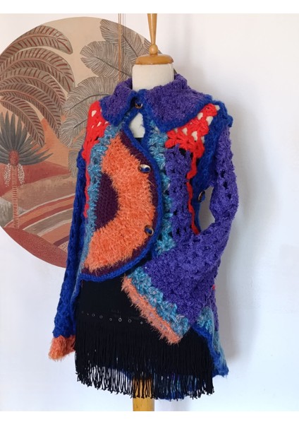 Hippybutik El Örgüsü Çok Renkli Mor Geometrik Özel Tasarım El Örgüsü Angora Hırka Ceket