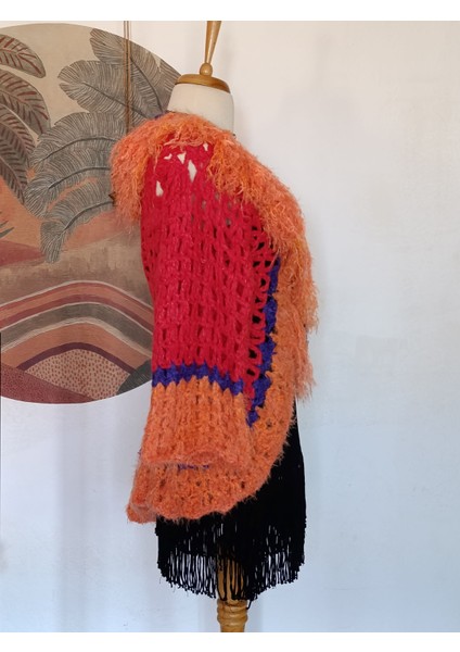 Püsküllü Turuncu Angora Yün Ip Motifli El Örgüsü Tasarım Hırka
