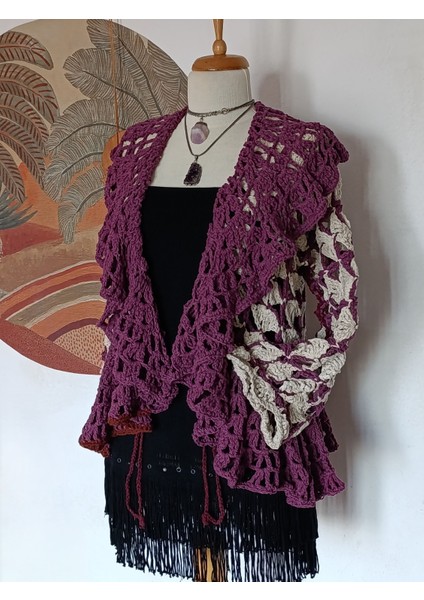 Bordo/mürdüm Taş Rengi Tığ Işi Volanlı Hırka