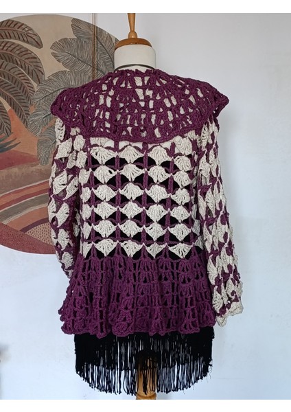 Bordo/mürdüm Taş Rengi Tığ Işi Volanlı Hırka